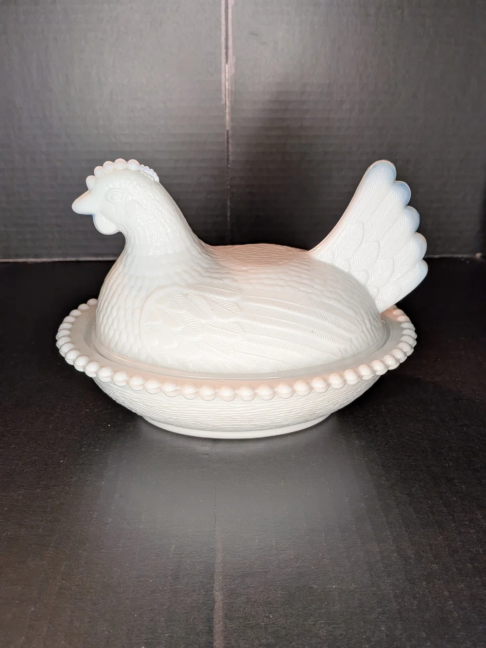 Vintage Indiana White Milk Glass Hen on Nest Covered Dish Beaded Edge Glossy